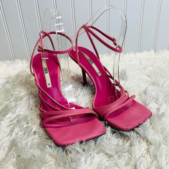 PINK Zara Strappy Heels Wrap Ankle Strap Sz 39 8.5 Scuffed Heels - Picture 1 of 9